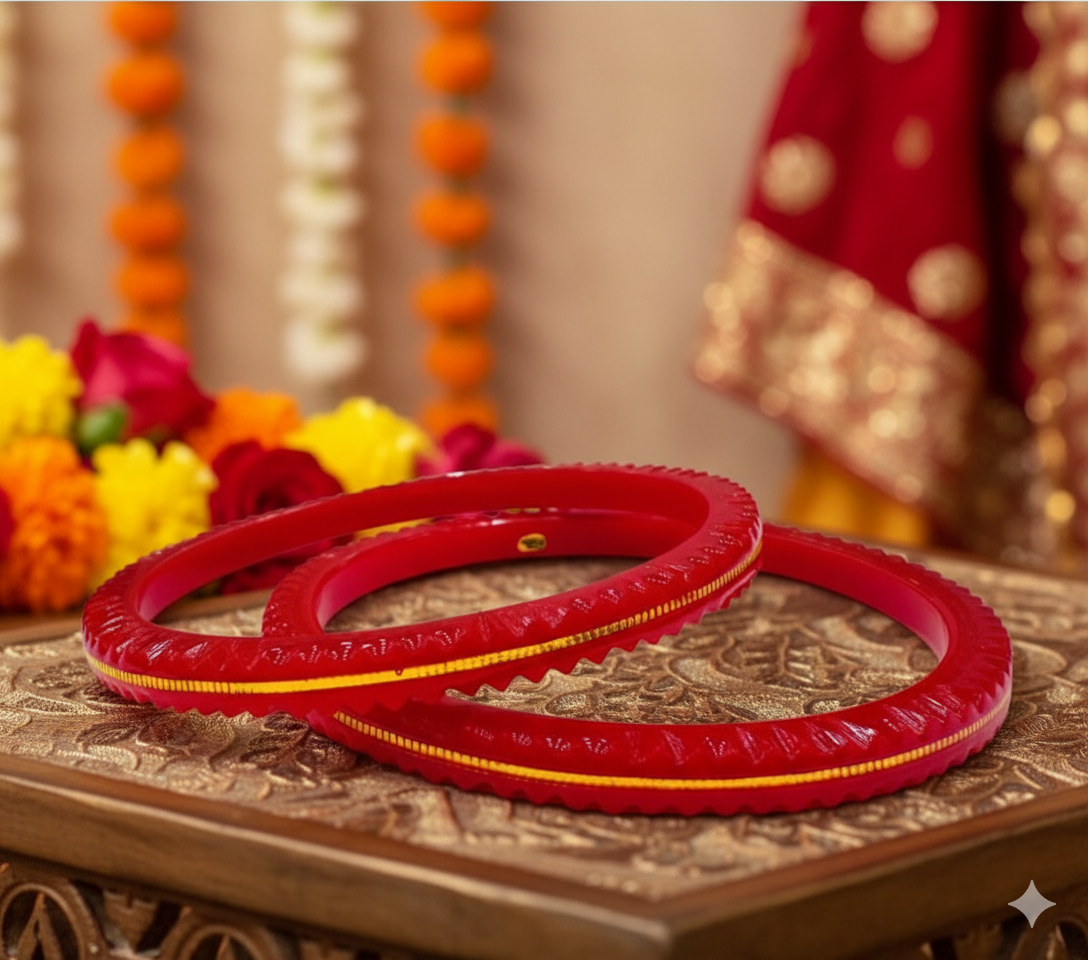 (FVP) TRJ COOKRY RED HALLMARK 22KT GOLD LAMINATION POLA BANGLES VIRAL POLA APP. WGT: 0.150 GM WITH PURITY CARD (FUTURE EXCHANGE VALUE  RS 800) WITH ANY JEWELLERY FOR LIFETIME.