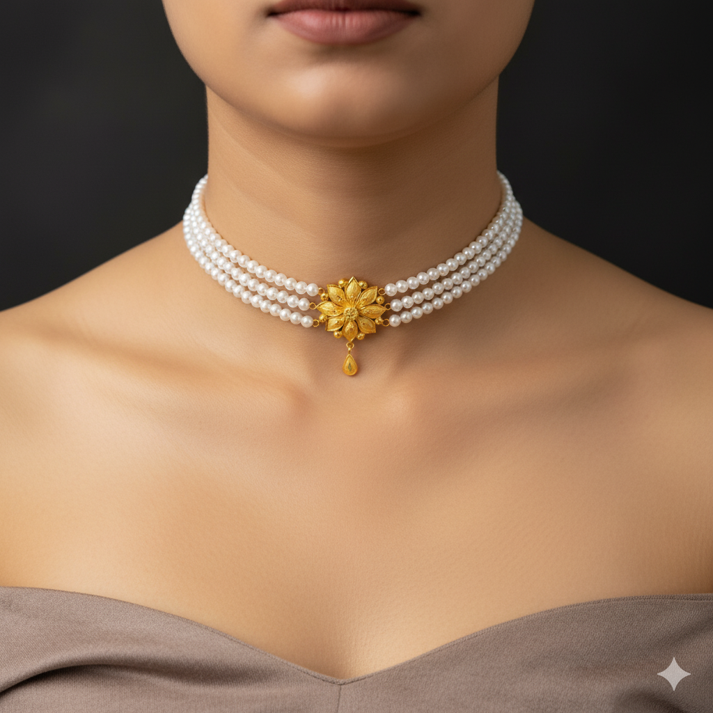 (GMC) CERTIFIED BIS HUID HALLMARK 916 22KT GOLD MOTI CHOKER 1 PIECE (WGT: 1.250 GM) WITH ADJUSTABLE TASSEL FOR GIFT IN MARRIAGE.