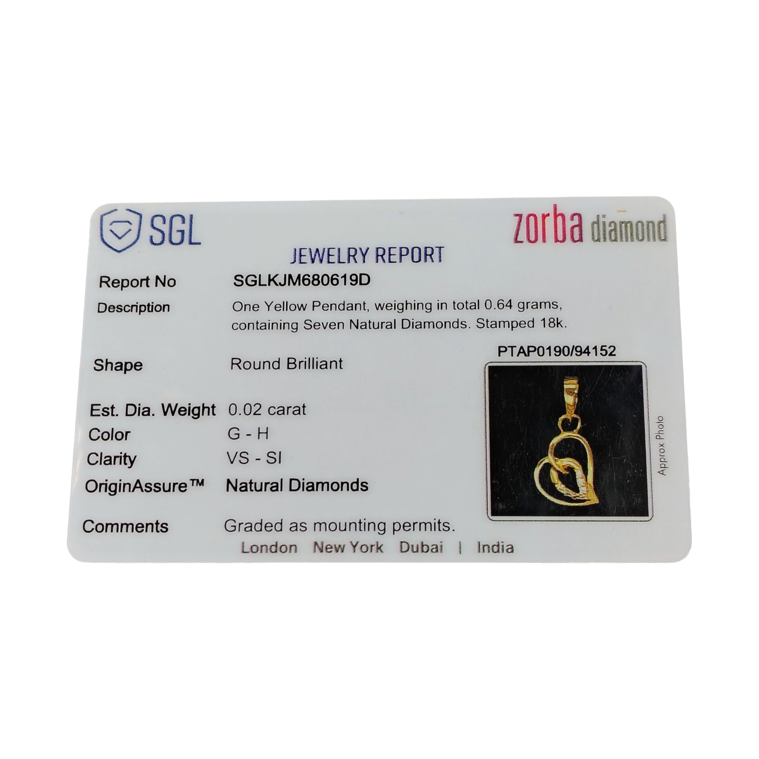 (GLC18) RAJLAXMI DIAMOND JEWELLERY - WGT: 0.640 GM - NATURAL DIAMOND (0.02 CENT) HUID HALLMARK 18KT DIAMOND PENDANT LOCKET FOR WOMEN WITH CERTIFICATE OF AUTHENTICITY BY ZORBA (DESIGN NO: PTAP0190) *CHAIN NOT INCLUDED.