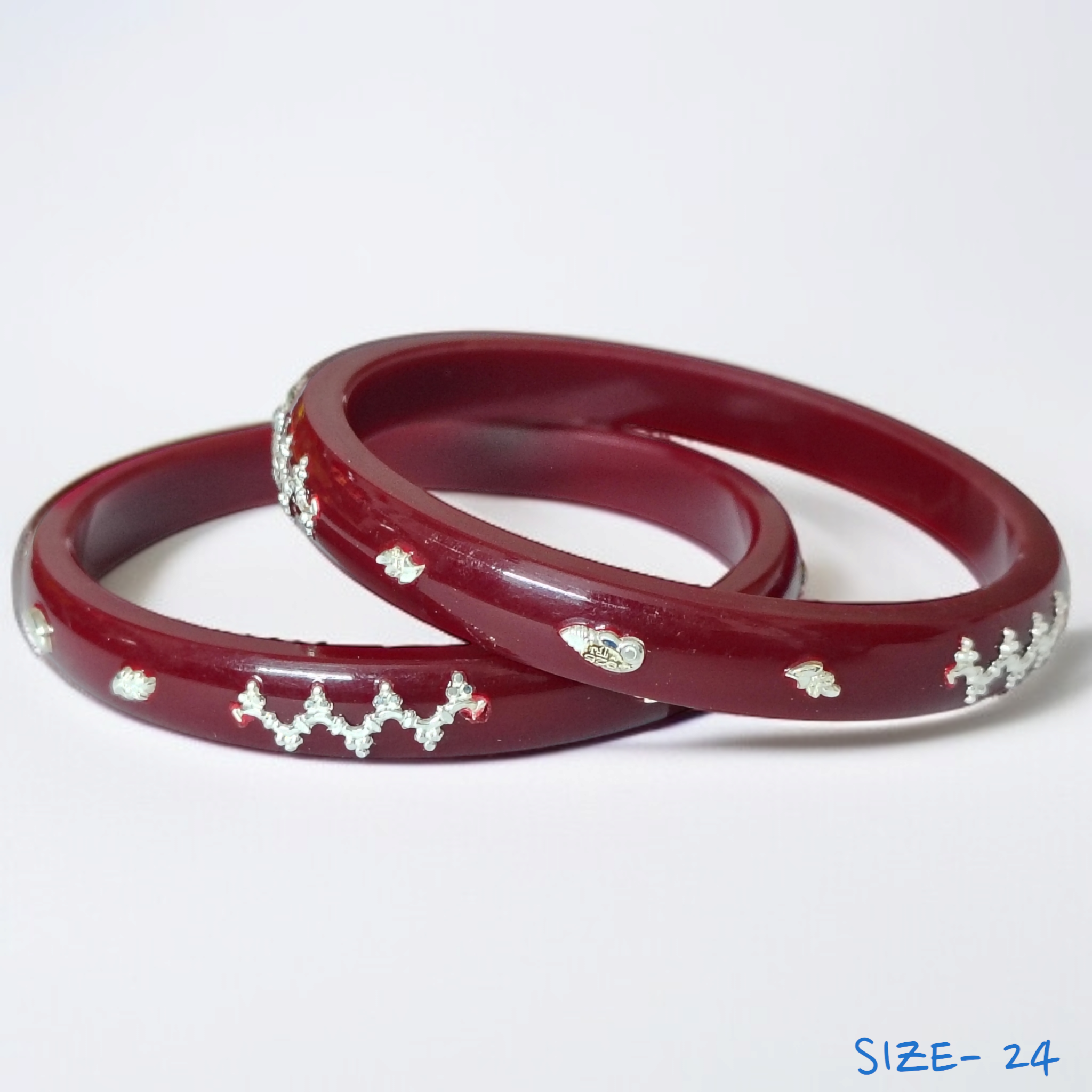 (SPB) (SIZE- 24) MAROON PASTING DESIGN 925 ORIGINAL SILVER POLA BANGLES FOR WOMEN 1 PAIR - SOLD AS MRP BY RAJLAXMI.