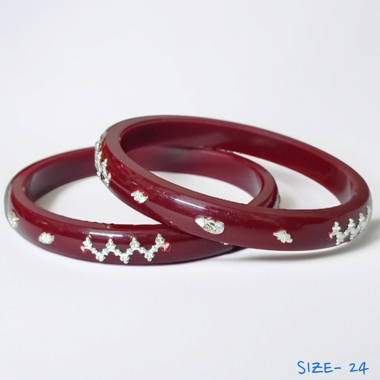 (SSP) (SIZE- 24) MAROON PASTING DESIGN 925 ORIGINAL SILVER POLA BANGLES FOR WOMEN 1 PAIR - SOLD AS MRP BY RAJLAXMI.