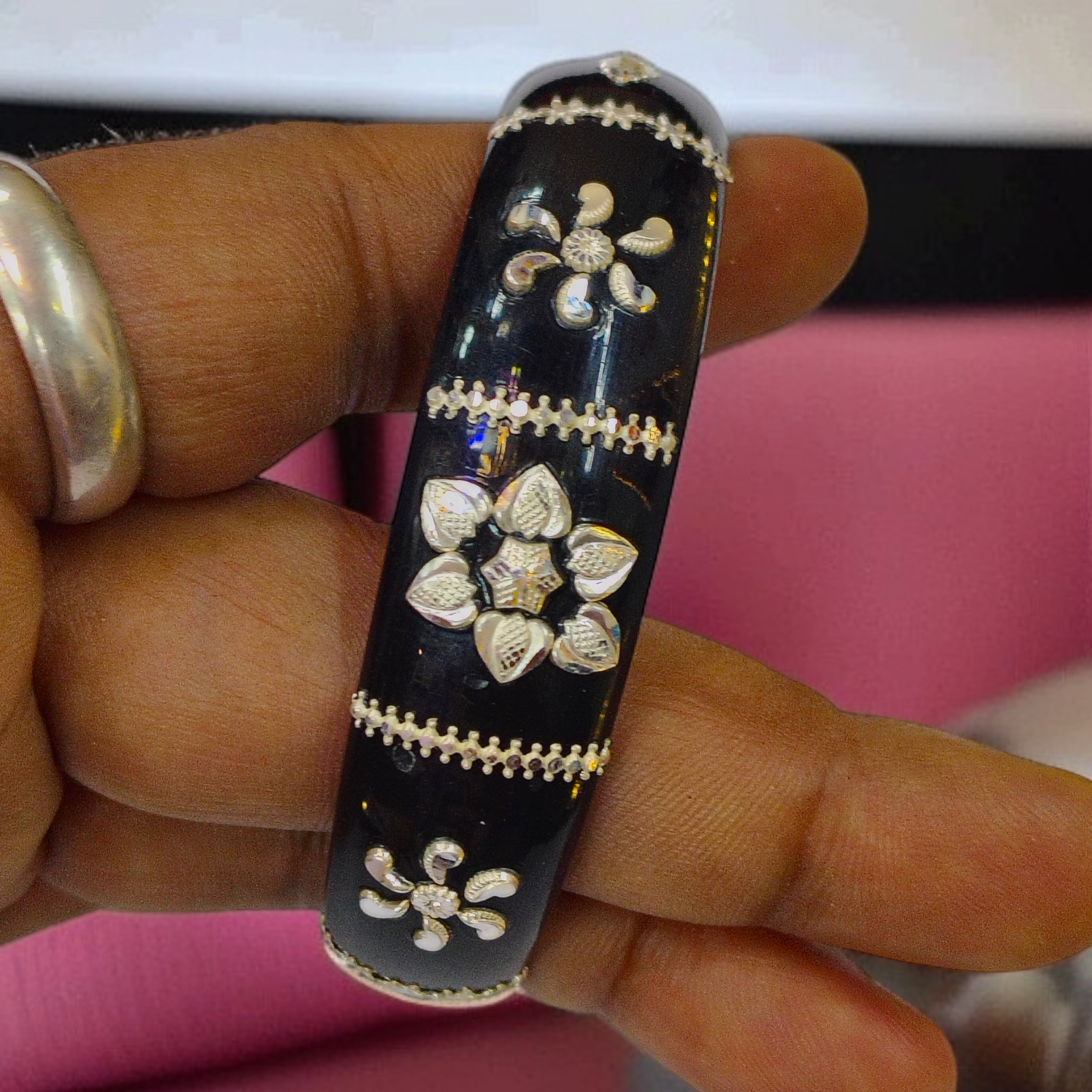 (SSP) (SIZE- 25) BLACK PASTING DESIGN 925 ORIGINAL SILVER POLA BANGLES FOR WOMEN 1 PC - SOLD AS MRP BY RAJLAXMI.