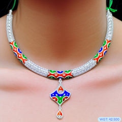 GREAT FREEDOM SALE (PREMIUM JEWELLERY) CERTIFIED HALLMARK 925 SILVER HASULI NECKLACE 1 PIECE WITH EARRINGS (MINAKARI MANIPUR DESIGN) APPROX WGT: 42.500 GM (1 PIECE) FOR BEAUTIFUL WOMEN (SOLD ON MRP BY RAJLAXMI).