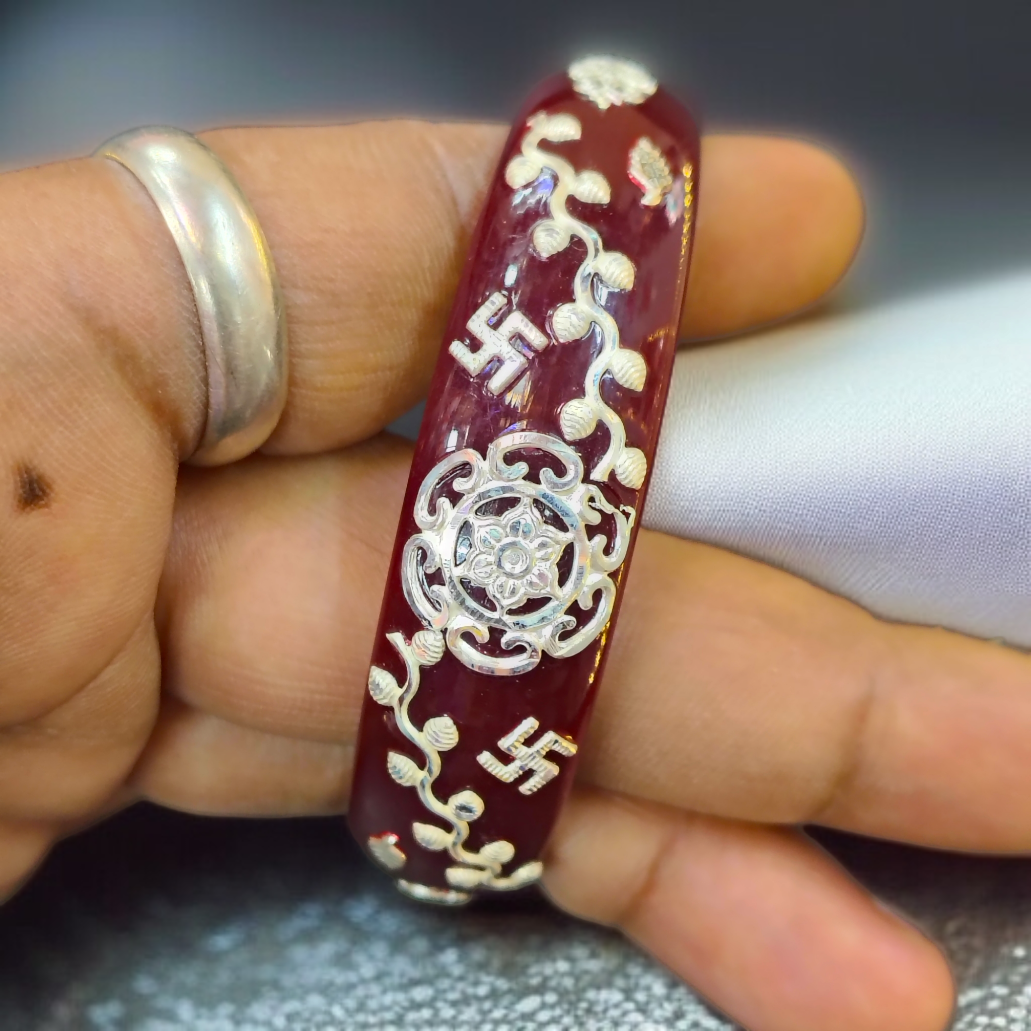 (SSP) (SIZE- 23) MAROON PASTING DESIGN 925 ORIGINAL SILVER POLA BANGLES FOR WOMEN 1 PC - SOLD AS MRP BY RAJLAXMI.