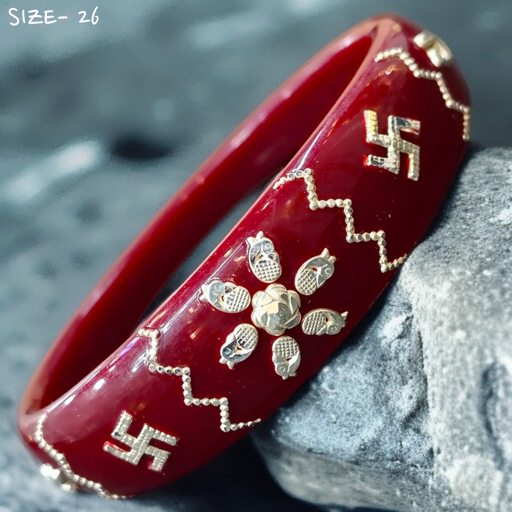 (SSP) (SIZE- 26) MAROON PASTING DESIGN 925 ORIGINAL SILVER POLA BANGLES FOR WOMEN 1 PC - SOLD AS MRP BY RAJLAXMI.