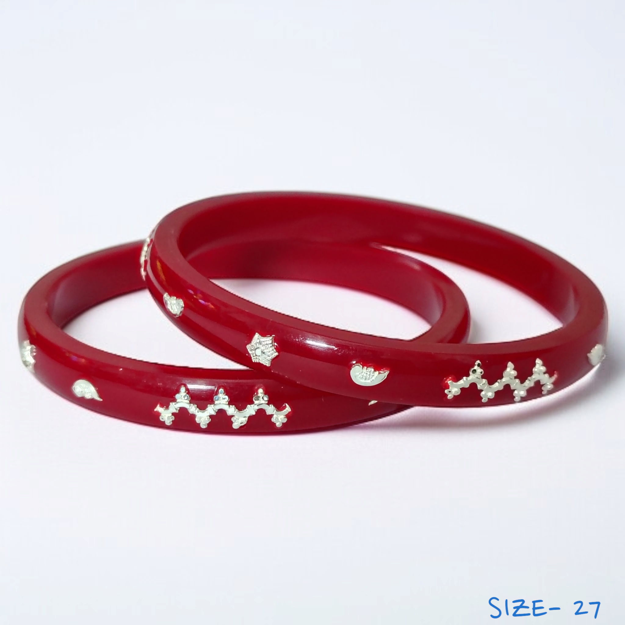 (SSP) (SIZE- 27) RED PASTING DESIGN 925 ORIGINAL SILVER POLA BANGLES FOR WOMEN 1 PAIR - SOLD AS MRP BY RAJLAXMI.