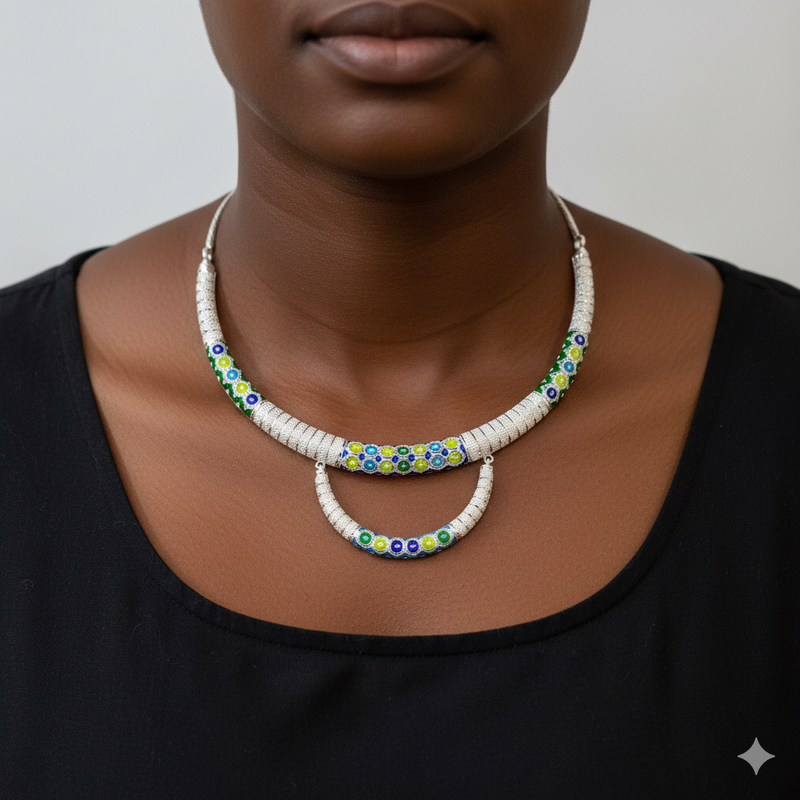 SILVER NECKLACE- CERTIFIED HALLMARK 925 SILVER HASULI NECKLACE 1 PIECE WITH EARRINGS (MINAKARI MANIPUR DESIGN) APPROX WGT: 48.330 GM (1 PIECE) FOR BEAUTIFUL WOMEN.