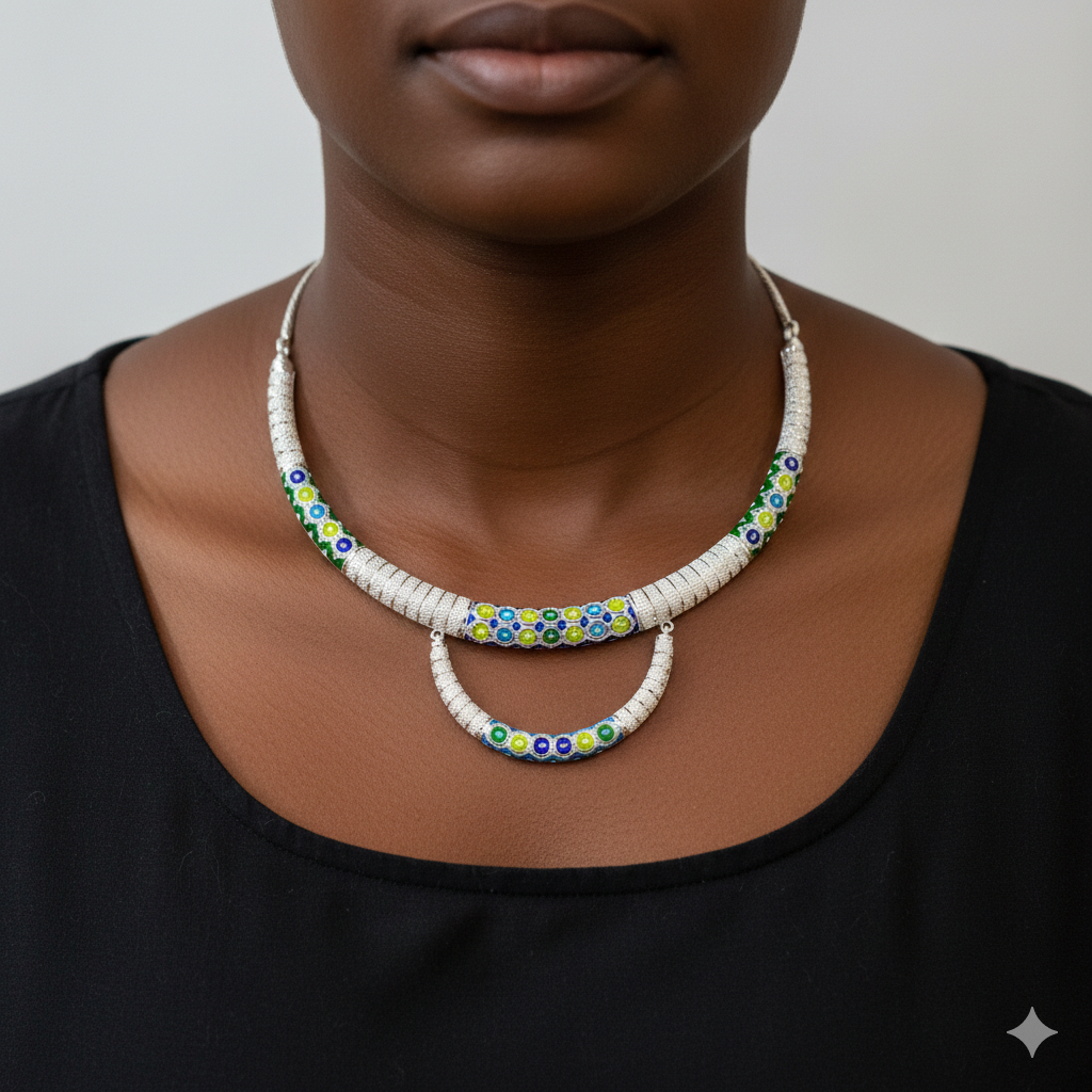 SILVER NECKLACE- CERTIFIED HALLMARK 925 SILVER HASULI NECKLACE 1 PIECE WITH EARRINGS (MINAKARI MANIPUR DESIGN) APPROX WGT: 48.330 GM (1 PIECE) FOR BEAUTIFUL WOMEN.