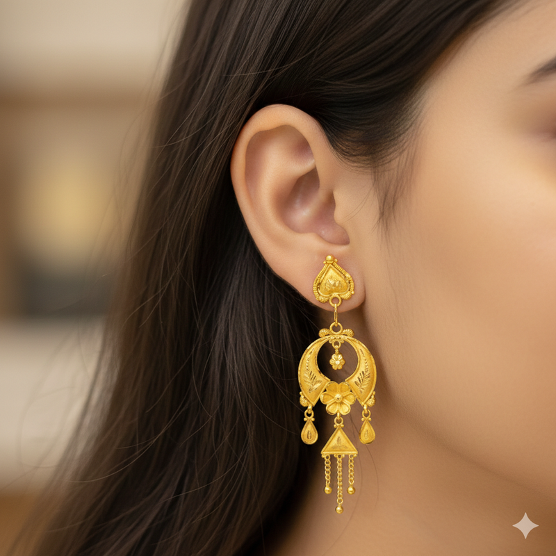 GOLD EARRINGS- BIS CERTIFIED WGT: 4.300 GM APPROX HUID HALLMARK 916 22KT GOLD EARRINGS KANBALA 1 PAIR FOR WOMEN. (M6SHYR)-(GSI2WZ)
