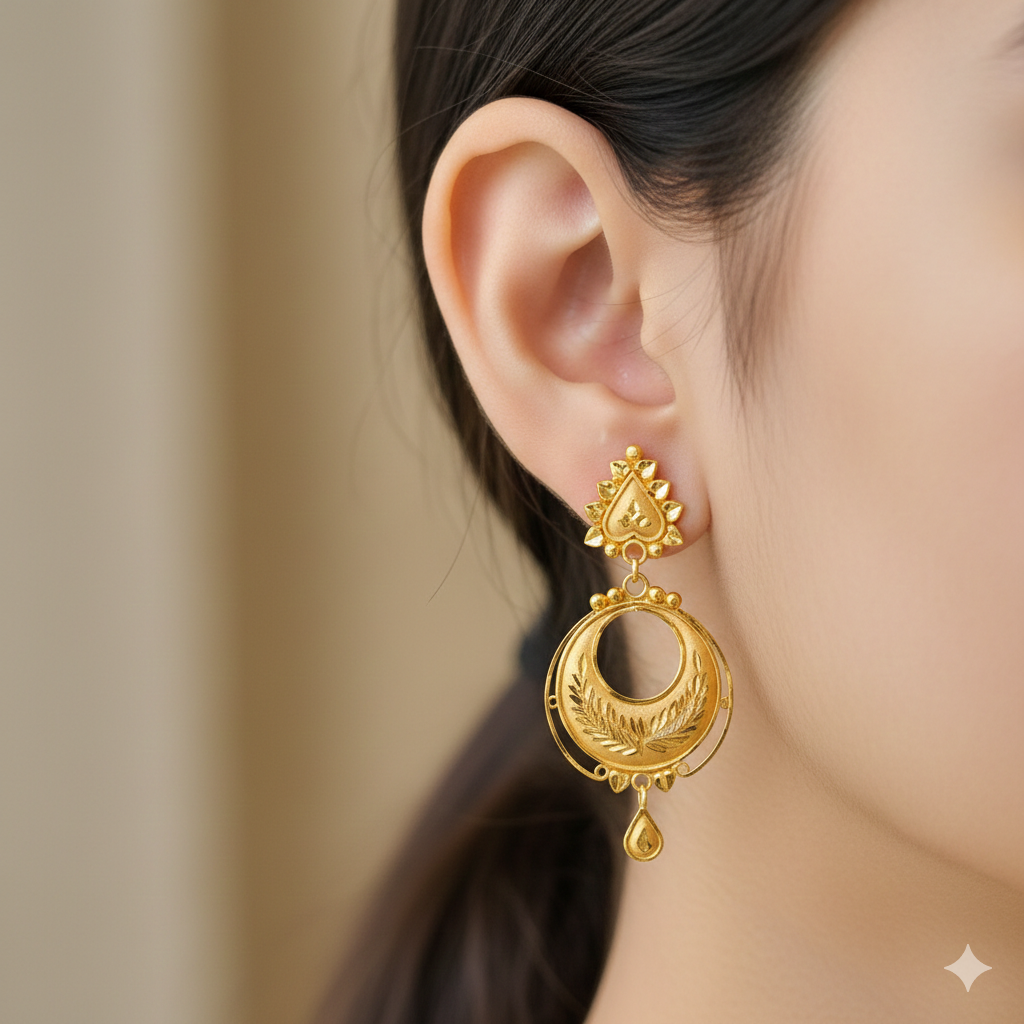 (GER22) BIS CERTIFIED WGT: 1.930 GM APPROX HUID HALLMARK 916 22KT GOLD EARRINGS KANBALA 1 PAIR FOR WOMEN.