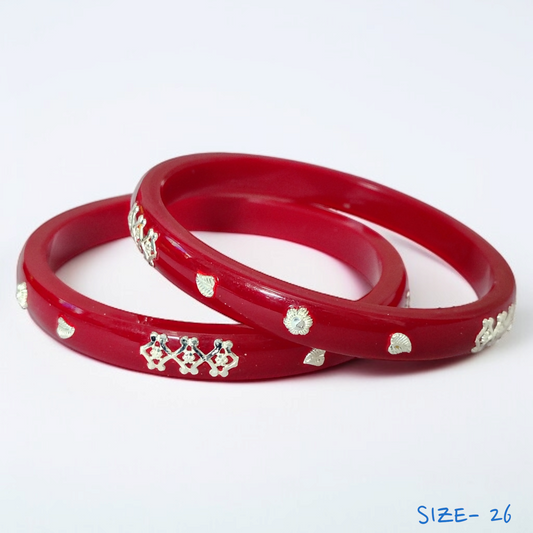 (SSP) (SIZE- 26) RED PASTING DESIGN 925 ORIGINAL SILVER POLA BANGLES FOR WOMEN 1 PAIR - SOLD AS MRP BY RAJLAXMI.