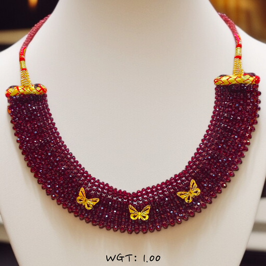 TRJ WGT: 1.00 GM APPROX 22KT HUID HALLMARK GOLD CRYSTAL CHATAI NECKLACE 1 PIECE WITH ADJUSTABLE TASSEL.