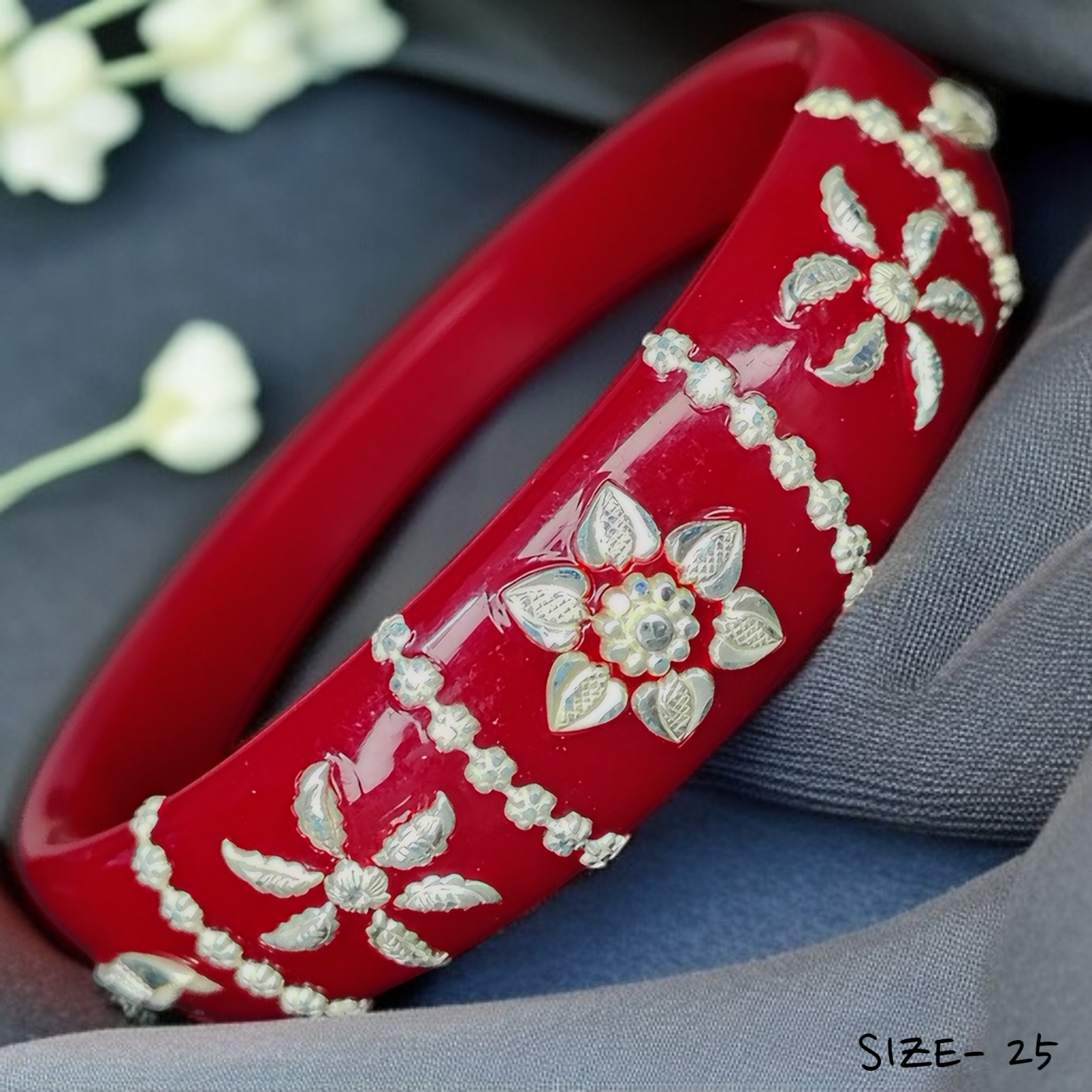 (SSP) (SIZE- 25) RED PASTING DESIGN 925 ORIGINAL SILVER POLA BANGLES FOR WOMEN 1 PC - SOLD AS MRP BY RAJLAXMI.