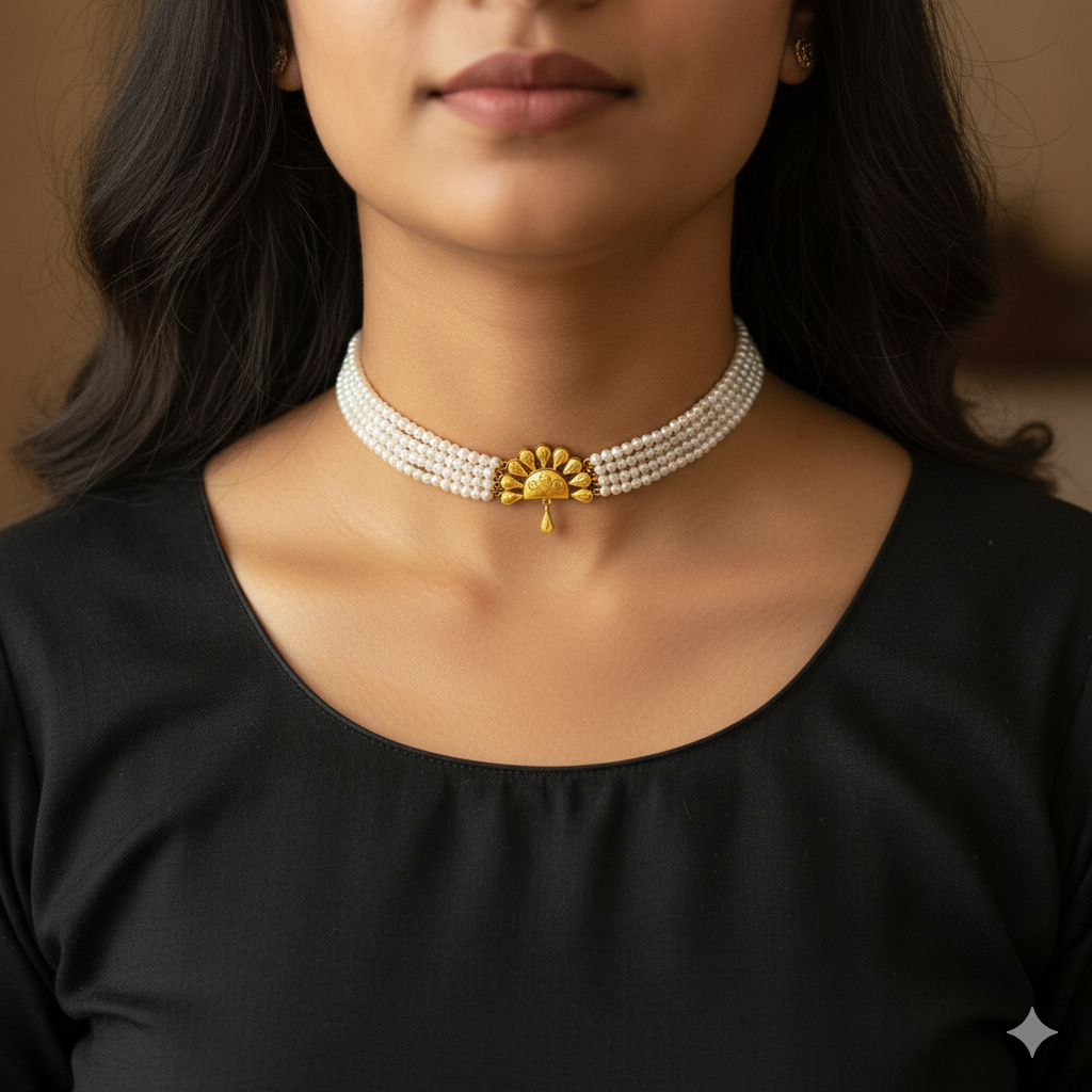 (GMC) CERTIFIED BIS HUID HALLMARK 916 22KT GOLD MOTI CHOKER 1 PIECE (WGT: 0.940 GM) WITH ADJUSTABLE TASSEL FOR GIFT IN MARRIAGE.