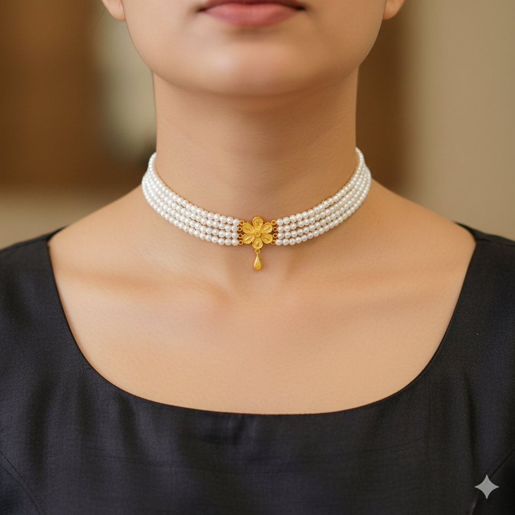 PEARL CHOKER- CERTIFIED BIS HUID HALLMARK 916 22KT GOLD MOTI CHOKER 1 PIECE (WGT: 0.880 GM) WITH ADJUSTABLE TASSEL FOR GIFT IN MARRIAGE.