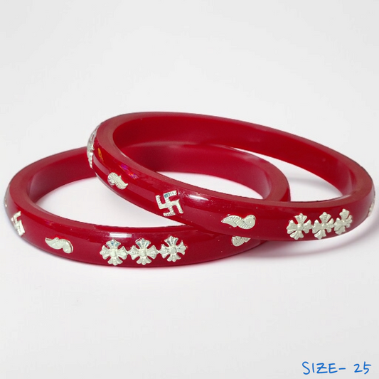 (SSP) (SIZE- 25) RED PASTING DESIGN 925 ORIGINAL SILVER POLA BANGLES FOR WOMEN 1 PAIR - SOLD AS MRP BY RAJLAXMI.