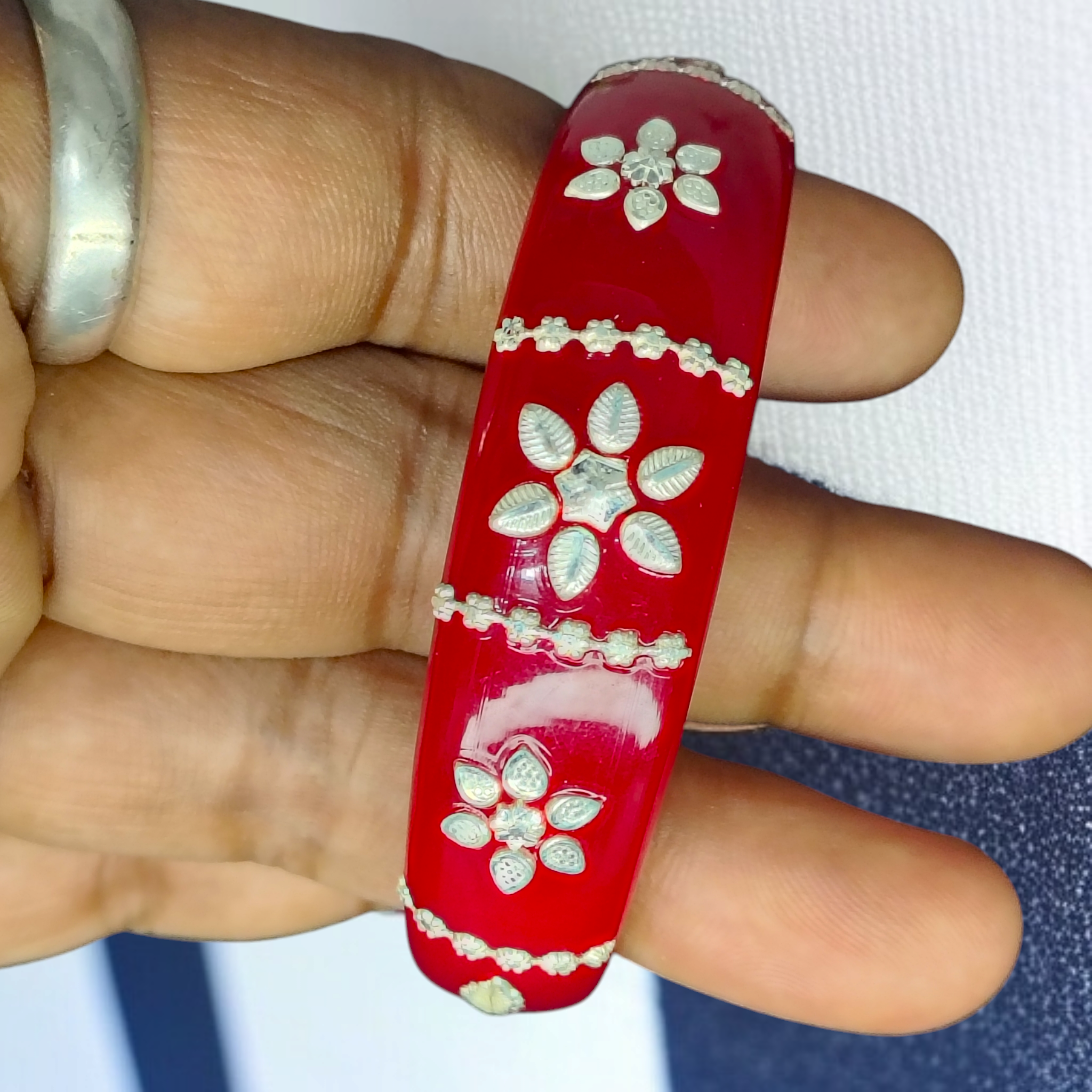 (SSP) (SIZE- 22) RED PASTING DESIGN 925 ORIGINAL SILVER POLA BANGLES FOR WOMEN 1 PC - SOLD AS MRP BY RAJLAXMI.