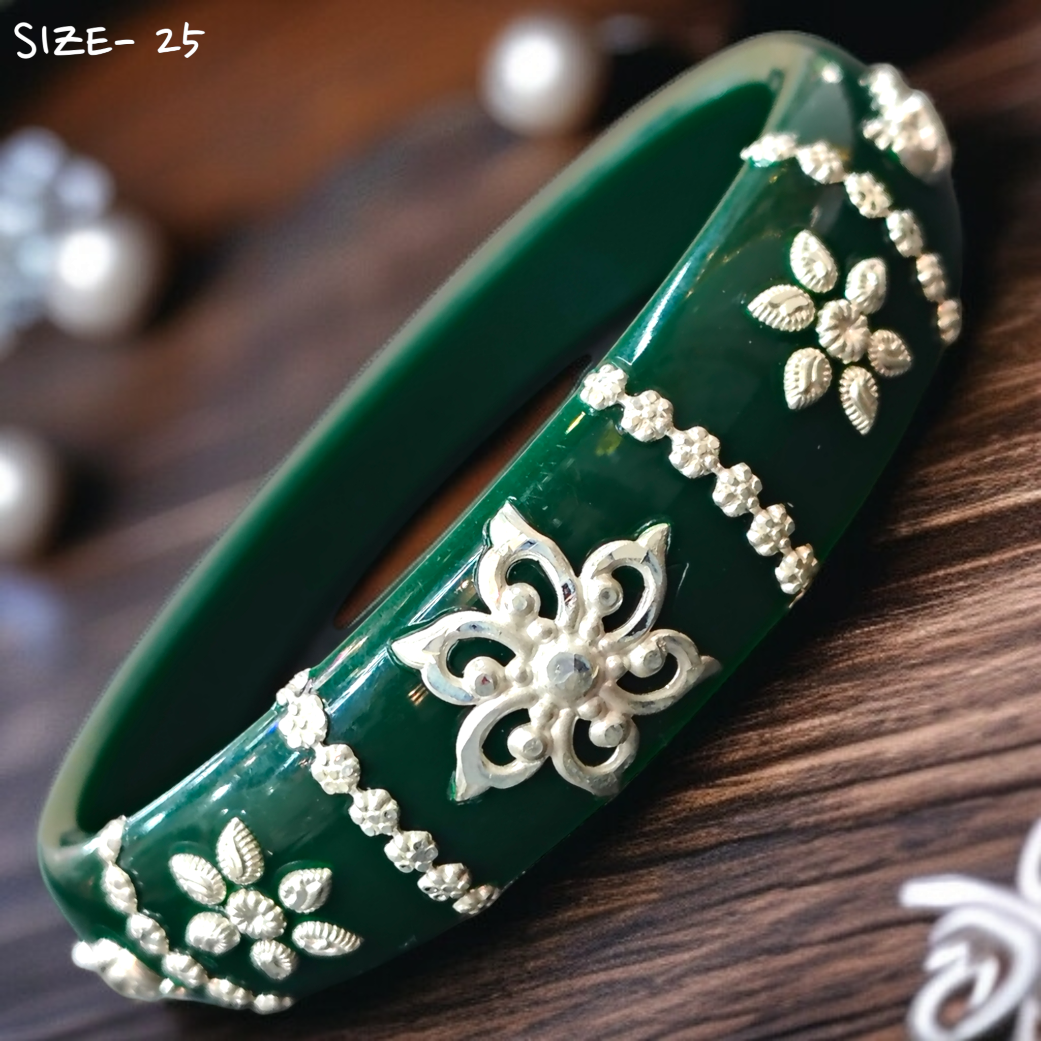 (SSP) (SIZE- 25) GREEN PASTING DESIGN 925 ORIGINAL SILVER POLA BANGLES FOR WOMEN 1 PC - SOLD AS MRP BY RAJLAXMI.