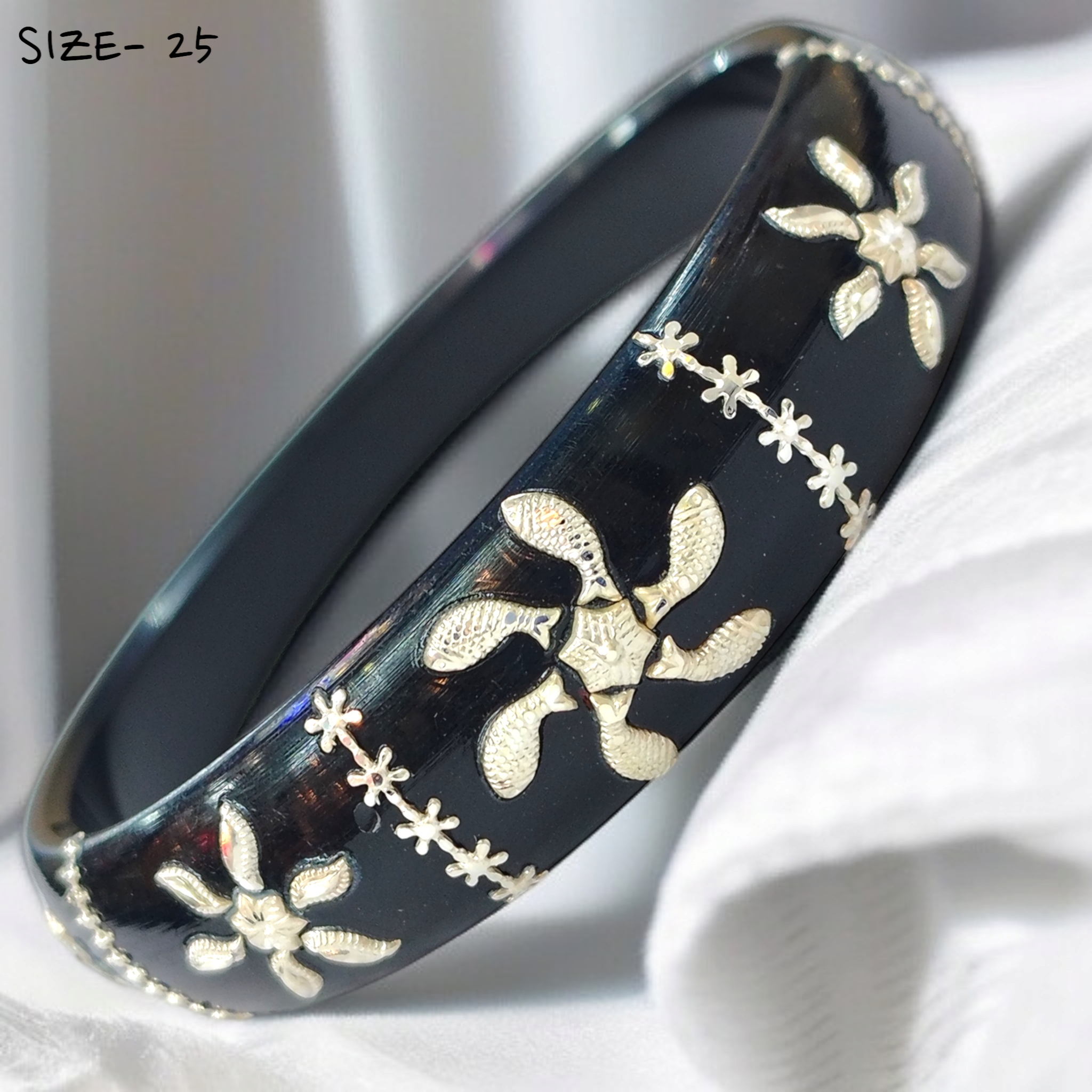 (SSP) (SIZE- 25) BLACK PASTING DESIGN 925 ORIGINAL SILVER POLA BANGLES FOR WOMEN 1 PC - SOLD AS MRP BY RAJLAXMI.