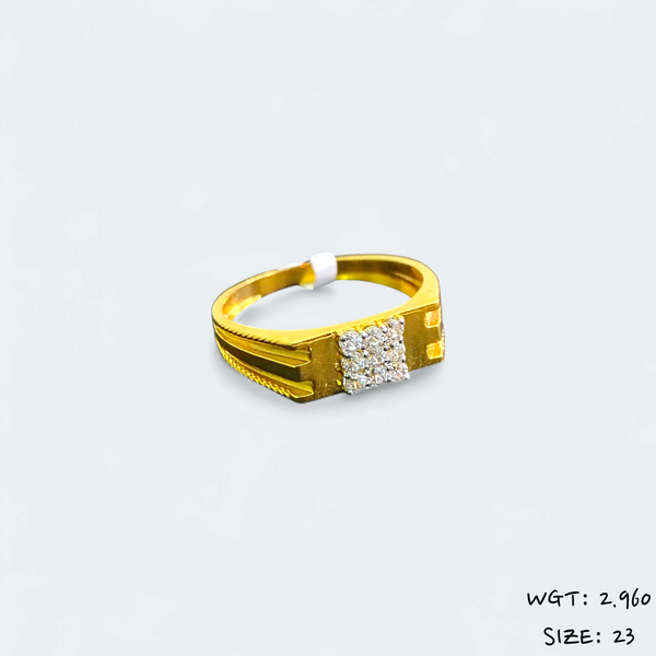 TRJ (SIZE: 23) CERTIFIED BIS HUID HALLMARK 916 22KT GOLD GENTS FINGER RING FOR MENS 1 PIECE (WGT: 2.960 GRAM APPROX) STUDDED WITH ITALIAN VVS QUALITY CZ STONE.