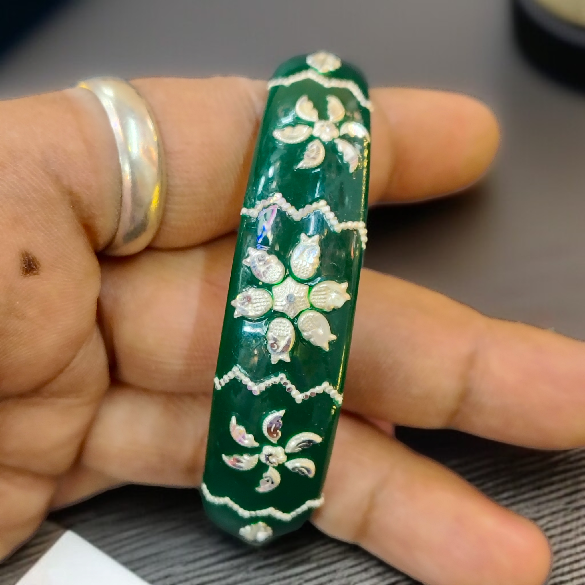 (SSP) (SIZE- 25) GREEN PASTING DESIGN 925 ORIGINAL SILVER POLA BANGLES FOR WOMEN 1 PC - SOLD AS MRP BY RAJLAXMI.