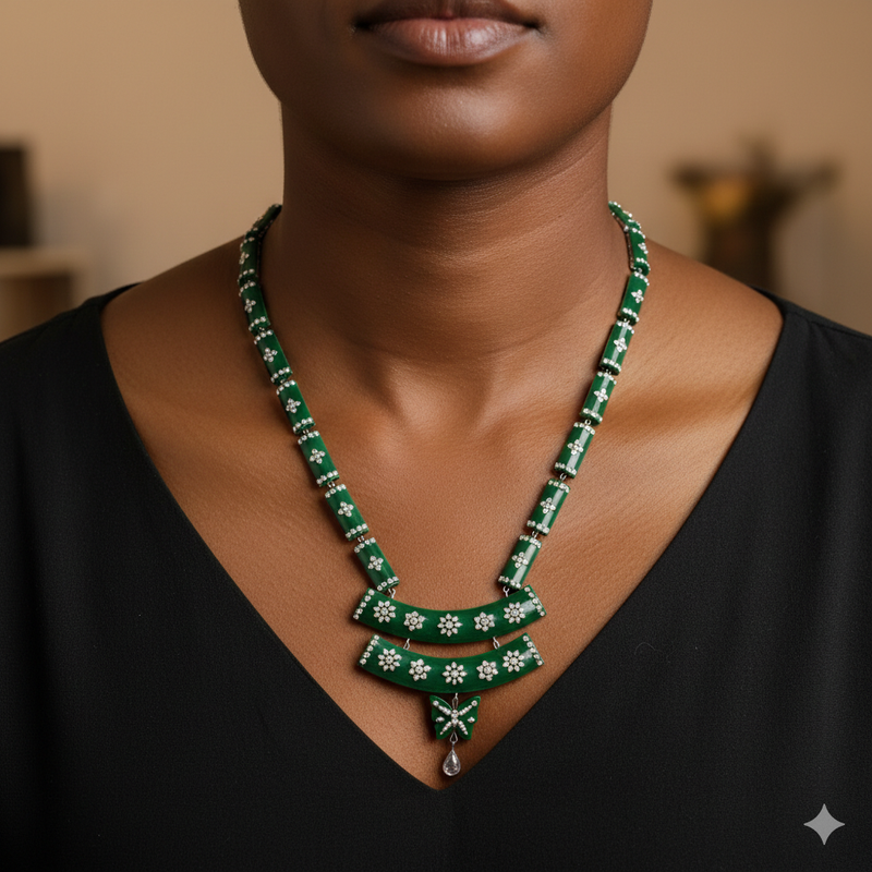 GREEN LUXURY SILVER NECKLACE- CERTIFIED HALLMARK 925 SILVER POLA SITAHAR WITH EARRINGS APPROX WGT: 8.00 GM (1 PIECE) WITH TASSEL FOR BEAUTIFUL WOMEN (GET ANY DESIGN AS PER STOCK).