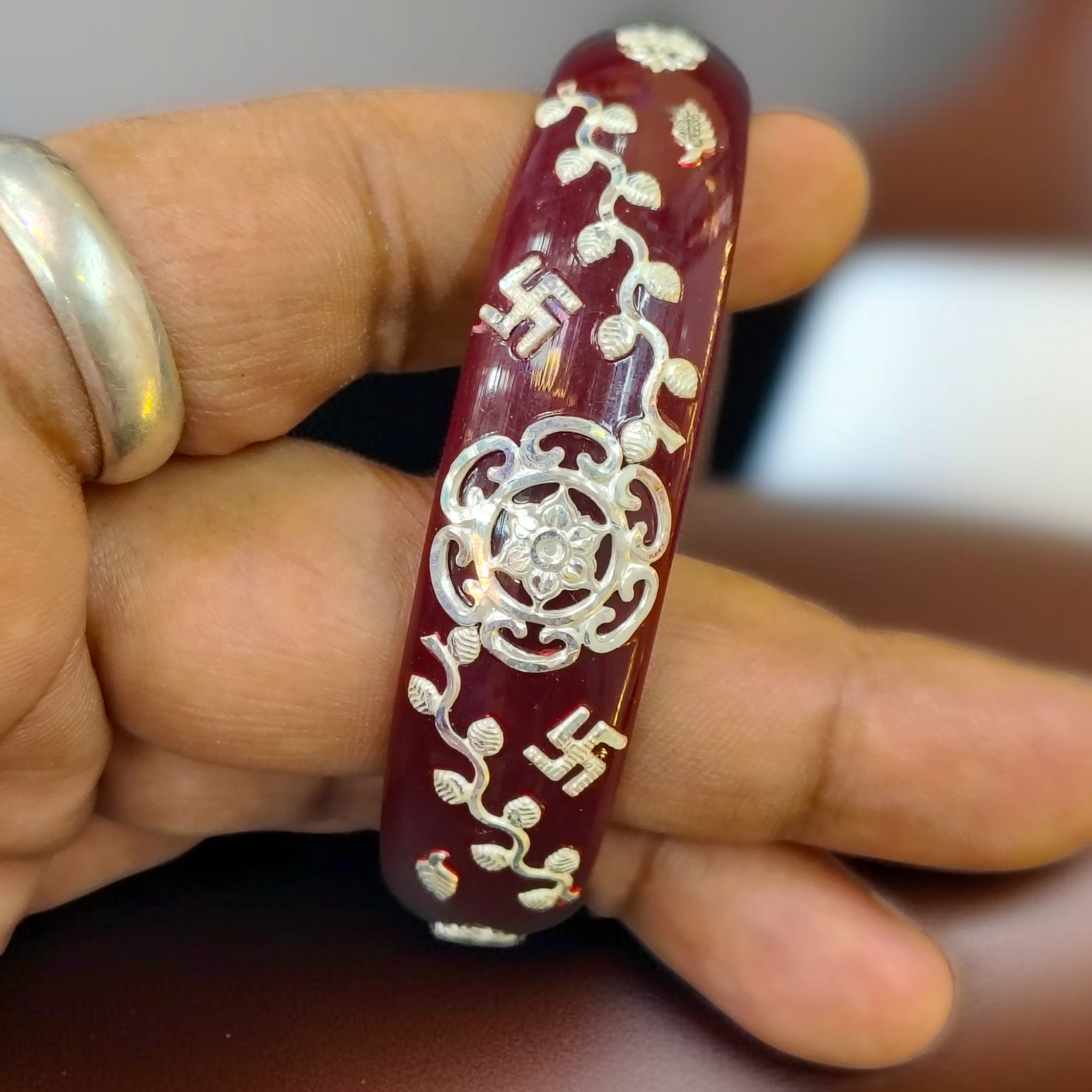 (SSP) (SIZE- 25) MAROON PASTING DESIGN 925 ORIGINAL SILVER POLA BANGLES FOR WOMEN 1 PC - SOLD AS MRP BY RAJLAXMI.