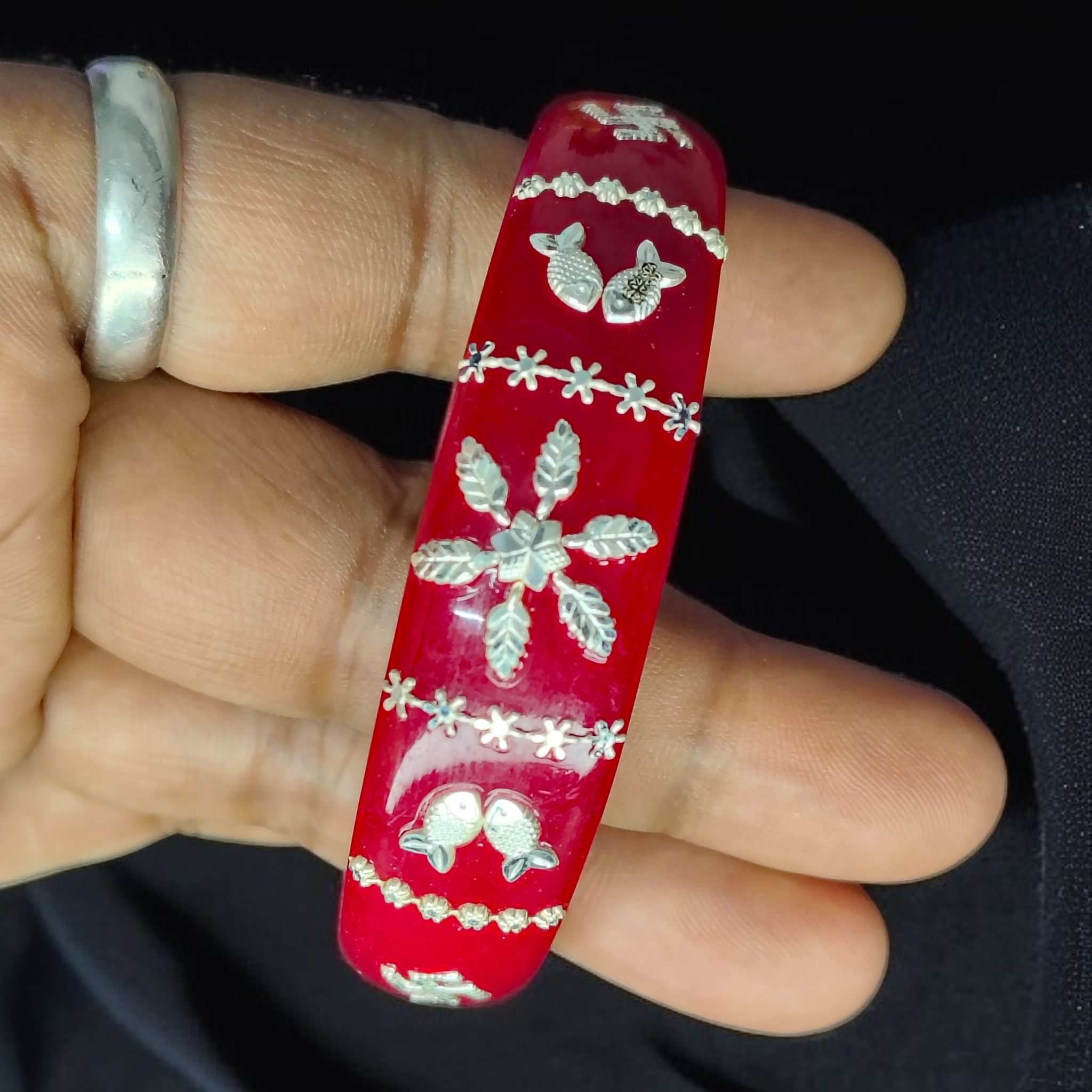 (SSP) (SIZE- 26) RED PASTING DESIGN 925 ORIGINAL SILVER POLA BANGLES FOR WOMEN 1 PC - SOLD AS MRP BY RAJLAXMI.