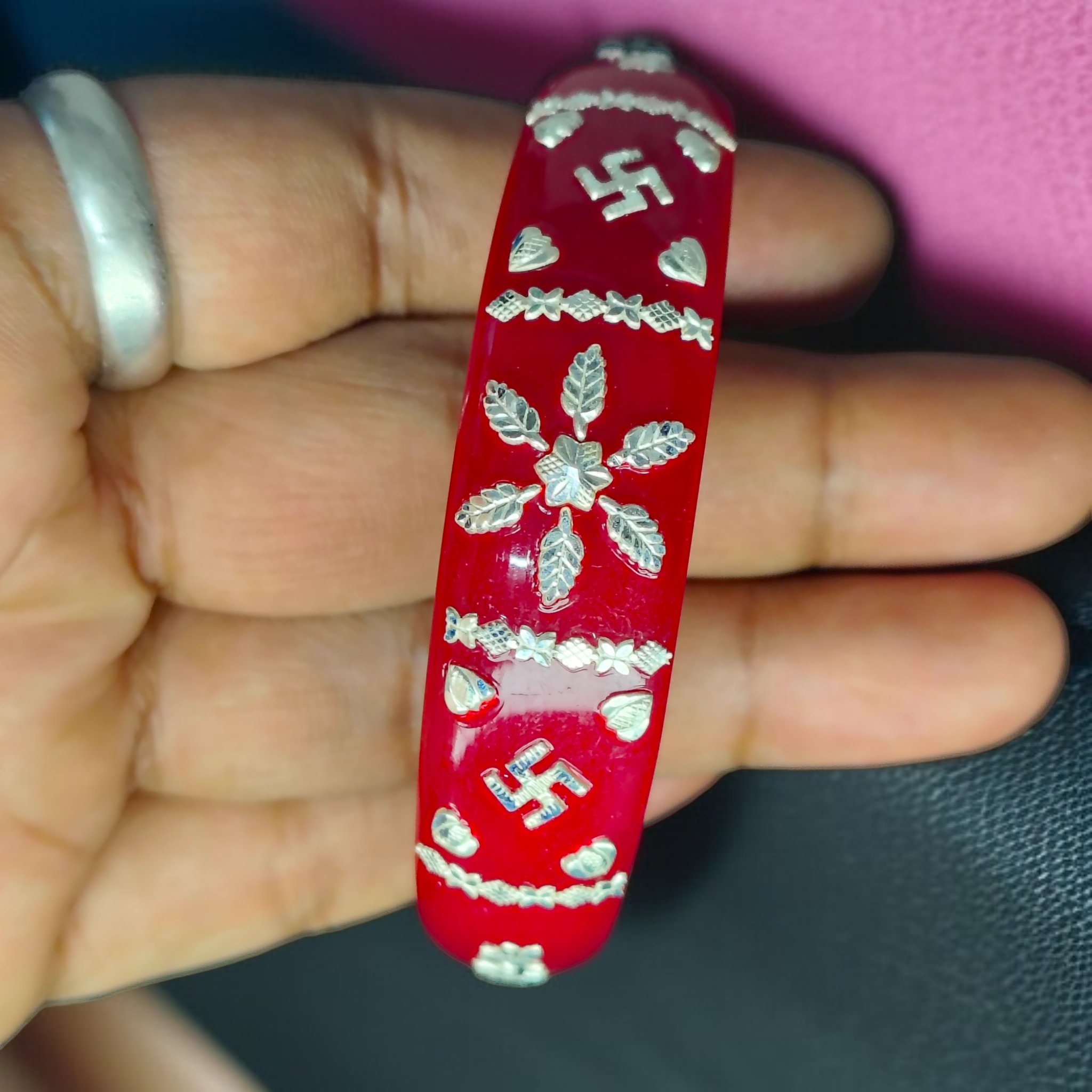 (SSP) (SIZE- 26) RED PASTING DESIGN 925 ORIGINAL SILVER POLA BANGLES FOR WOMEN 1 PC - SOLD AS MRP BY RAJLAXMI.